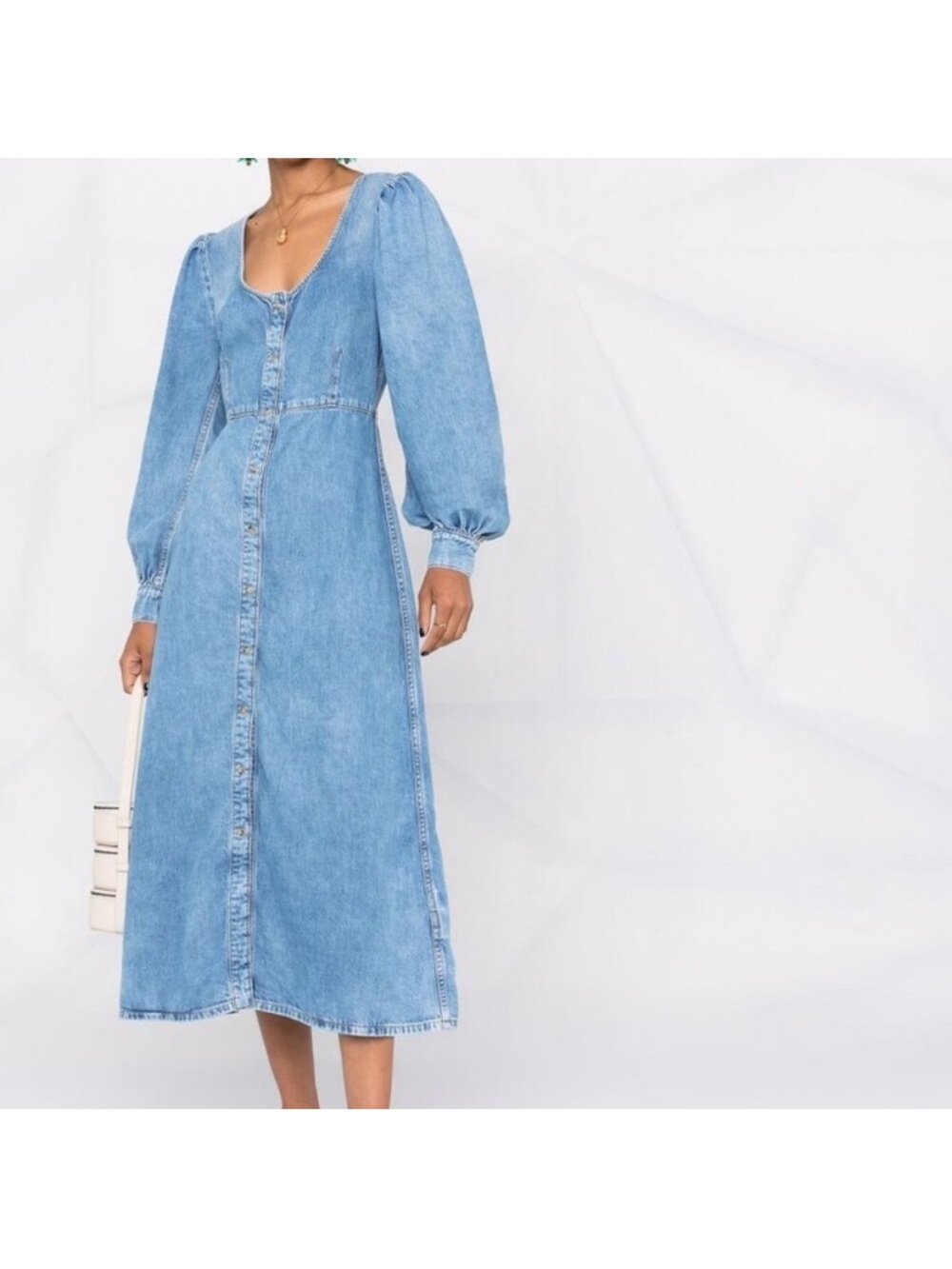 Ganni Light Blue Denim Puff-Sleeve Midi Dress